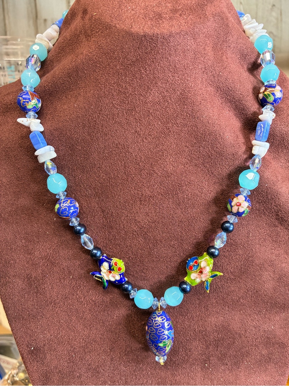 Handcrafted Blue Cloisonné Floral Bead Necklace